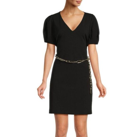 Karl Lagerfeld NWT Puff Sleeve Chain Belt Dress in Black Size 6 - Picture 1 of 6
